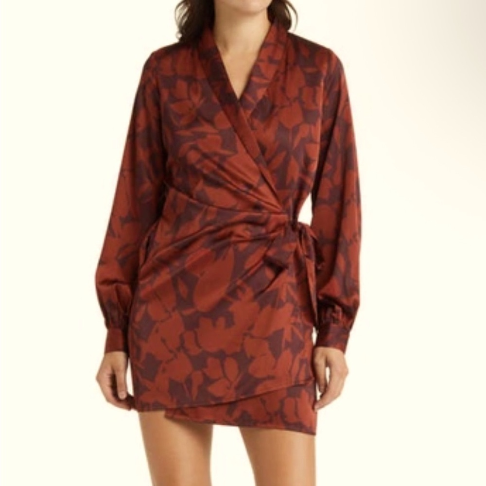 LOST + WANDER Helene Floral Long Sleeve Satin Wrap Minidress - S - $118